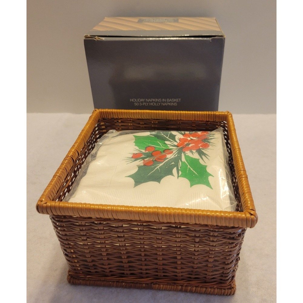 Avon Holiday Napkins in Basket Vintage Christmas Farmhouse Holly Wicker Brown